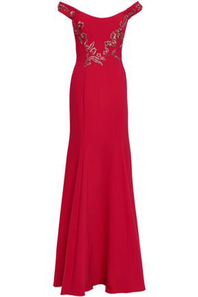 Marchesa Notte Off-the-shoulder Embellished Cady Gown In Red