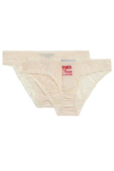 Stella Mccartney Woman Set Of Two Embroidered Cotton And Silk-blend Low-rise Briefs Ecru