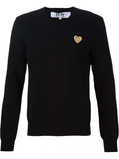 Comme Des Garçons Gold Heart V-neck Jumper In Black