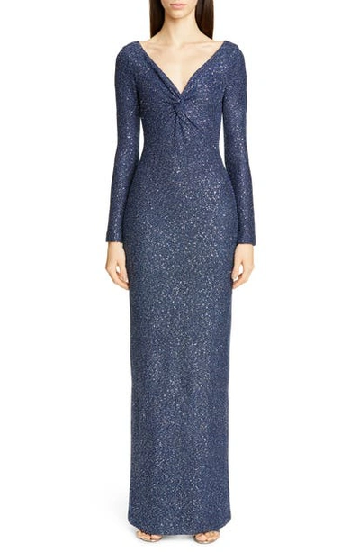 St John Luxe Sequin V-neck Long-sleeve Column Gown With Twist Front In Navy
