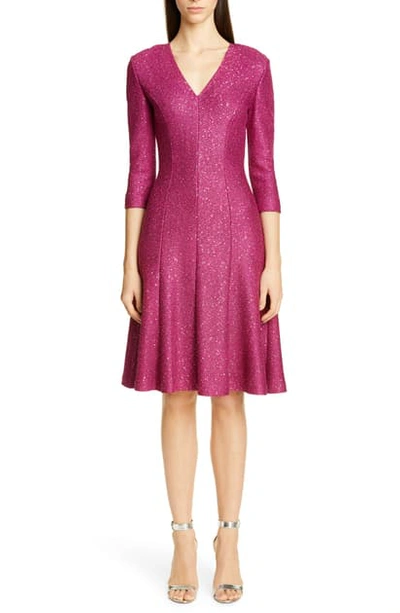 St John Luxe Sequin V-neck 3/4-sleeve Tuck-knit Dress In Raspberry