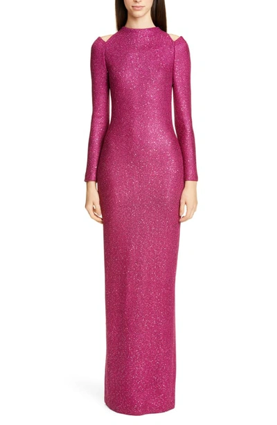 St John Luxe Sequin High-neck Long-sleeve Gown With Shoulder Cutouts In Raspberry