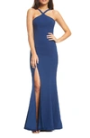 Dress The Population Brianna Halter Mermaid Gown With Thigh Slit In Pacific