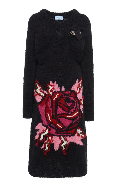 Prada Embellished Intarsia-knit Wool Midi Dress In Black