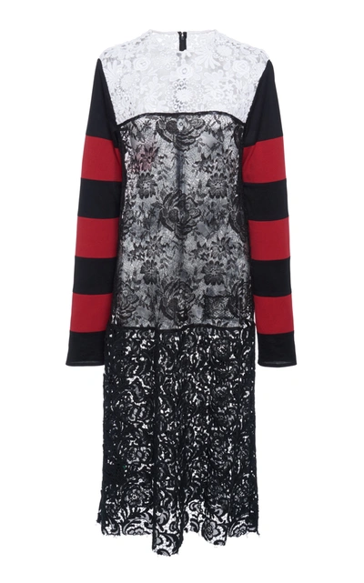 Prada Paneled Striped Cotton-blend Jersey And Lace Dress In Black