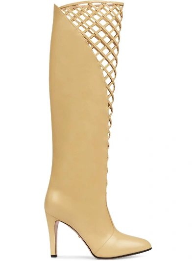 Gucci Lattice-front Knee-high Leather Boots In Neutrals