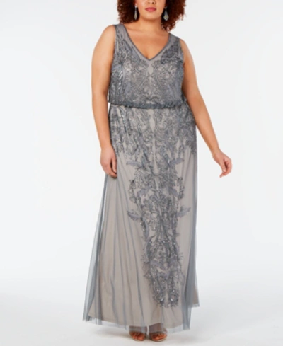 Adrianna Papell Plus Size Beaded Blouson Gown In Pewter Silver