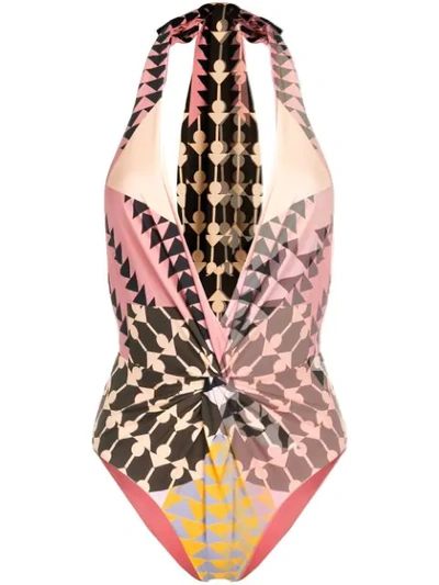 Self-portrait V-neck Deco-printed Swimsuit In Multicolor