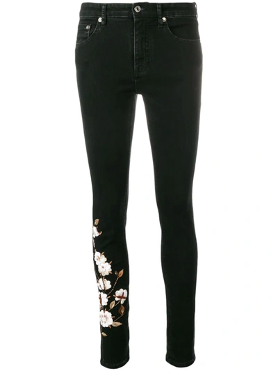 Off-white Floral Embroidered Diagonal Stripe Skinny Jeans In Black