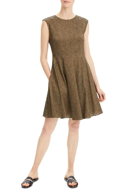 Theory Textured Fit & Flare Linen Blend Dress In Beige Clay Multi