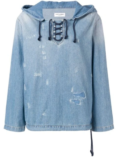 Saint Laurent Lace-up Distressed Denim Hoodie In Blue