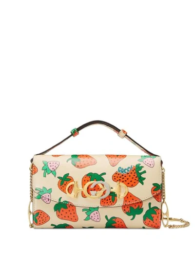 Gucci Ministrawberry Print Leather Crossbody Bag In White