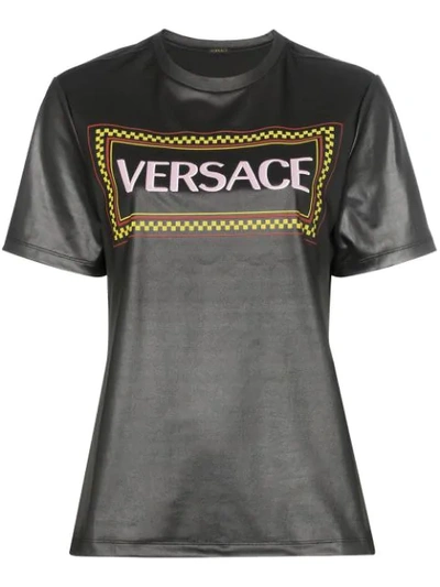 Versace Shiny Jersey Rubber Logo Print T-shirt In Nero|nero