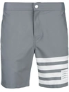 Thom Browne Four-bar Striped Snap-front Swim Short In Grey