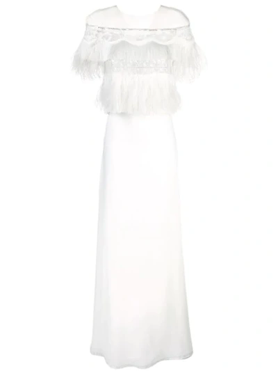 Tadashi Shoji Feather Trim Evening Dress In Ivory