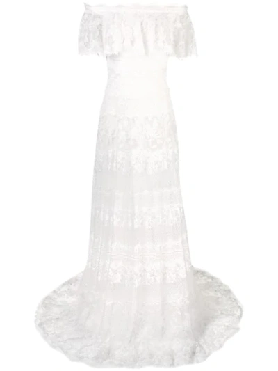 Tadashi Shoji Floral Embroidered Bardot Maxi Dress In White