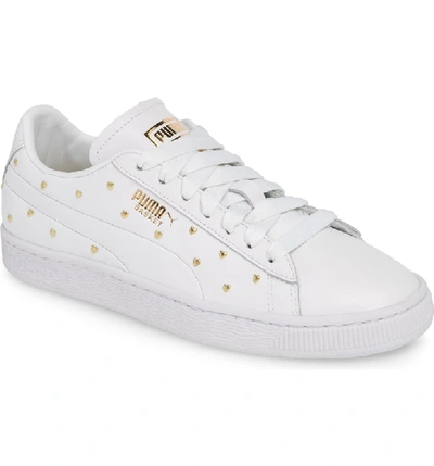 Puma Women's Basket Studded Low-top Sneakers In White/ Team Gold