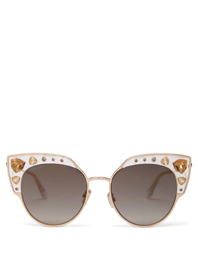 Jimmy Choo Audrey Grey Shaded Gold Mirror Cat Eye Sunglasses With Gold And Clear Swarovski Crystals