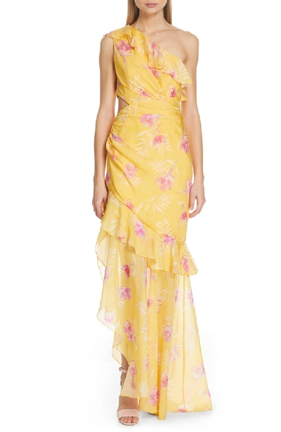 Amur Vi Floral Print Silk One-shoulder Evening Dress In Golden Yellow