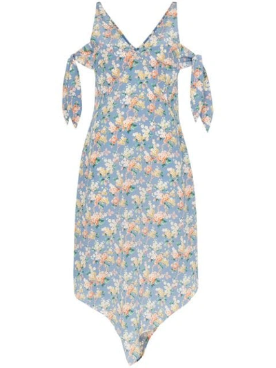 Delada Floral Print Cold-shoulder Silk Midi Dress In Blue