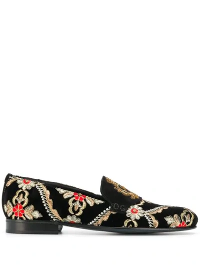 Dolce & Gabbana Velvet Slippers With Embroidery In Black