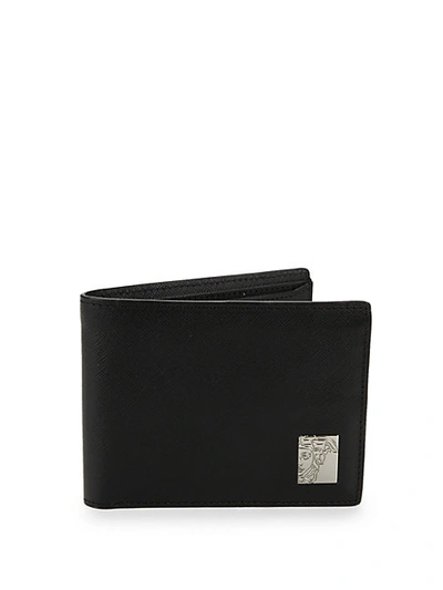 Versace Logo Plaque Saffiano Leather Cardholder In Black