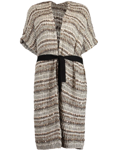 Brunello Cucinelli Paillette Belted Long Cardigan In Pebble