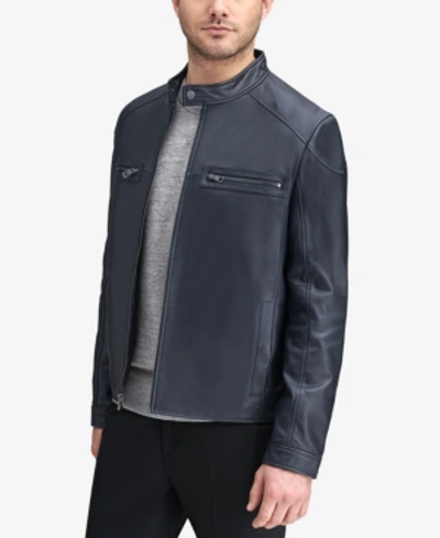 Andrew Marc Wendell Leather Racer Jacket In Navy