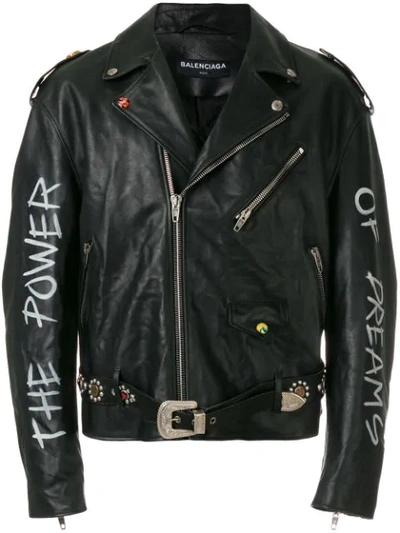 Balenciaga Painted Effect Leather Biker Jacket In Black