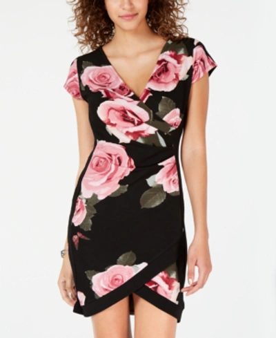 Almost Famous Crave Fame Juniors' Framed Wrap Dress In Black/pink Rose