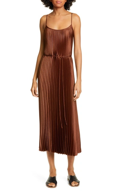 Vince Pleated Satin Slipdress In Sycamore Seed