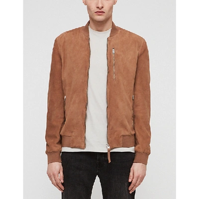 Allsaints Kemble Suede Bomber Jacket In Pale Tan