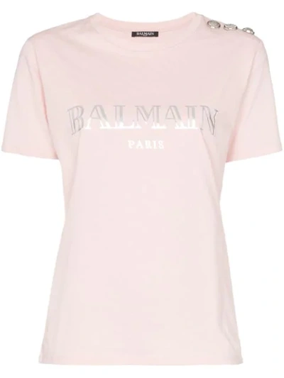 Balmain Button-embellished Printed Cotton-jersey T-shirt In Pink