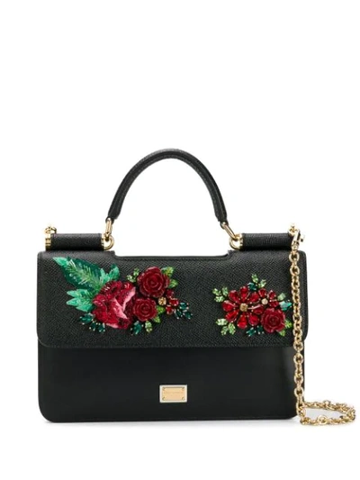 Dolce & Gabbana Embellished Roses Handbag In Black