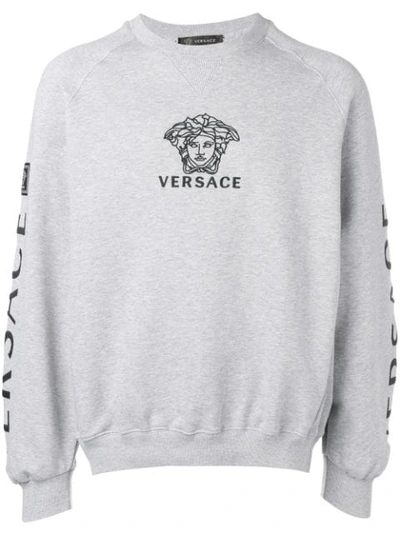 Versace Oversized Logo-embroidered Loopback Cotton-jersey Sweatshirt In Grey