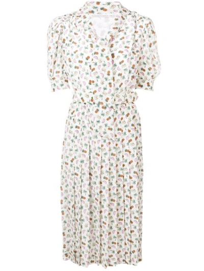 Alessandra Rich Tropical-print Pleated-back Silk Dress In White