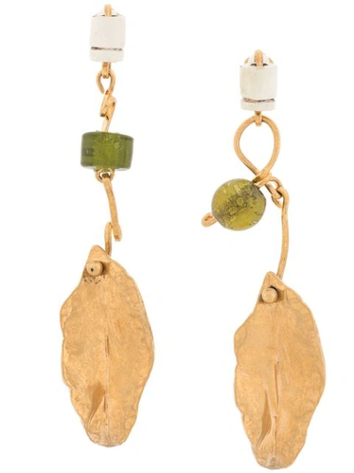 Marni Leaf And Bead Embellished Drop Clip Earrings In Gold