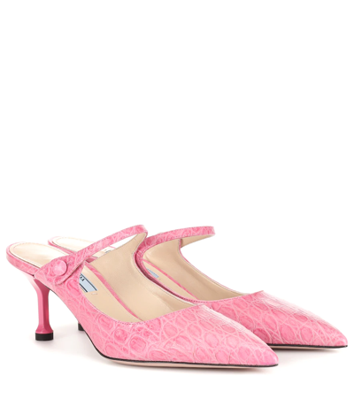 Prada Mary-jane Crocodile-effect Leather Mules In Pink