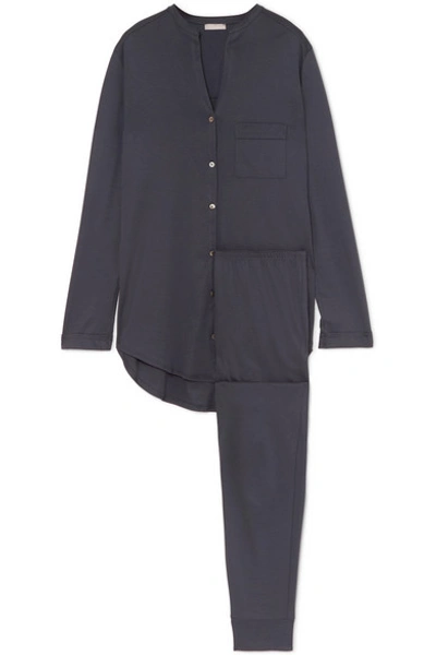 Hanro Pure Essence Two-piece Pajama Set In Navy