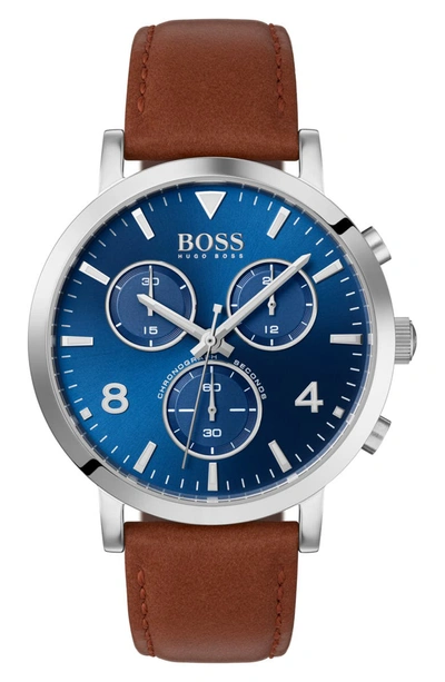 Hugo Boss Men's Chronograph Spirit Brown Leather Strap Watch 41mm In Brown/ Blue/ Silver
