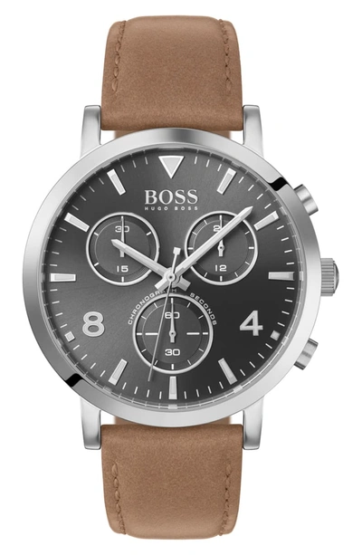 Hugo Boss Men's Chronograph Spirit Brown Leather Strap Watch 41mm In Brown/ Grey/ Silver