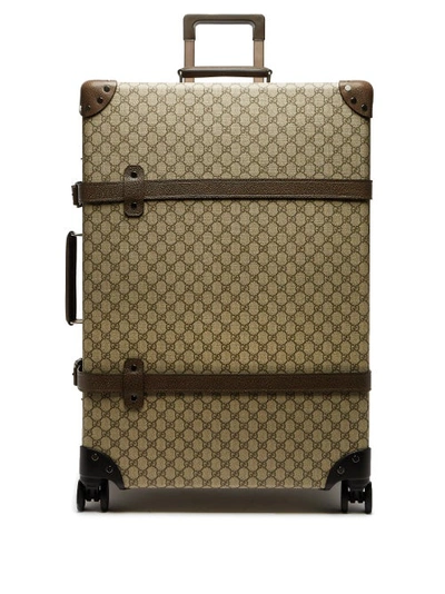 Gucci X Globe-trotter 皮革边饰涂层帆布大号行李箱 In Brown Multi