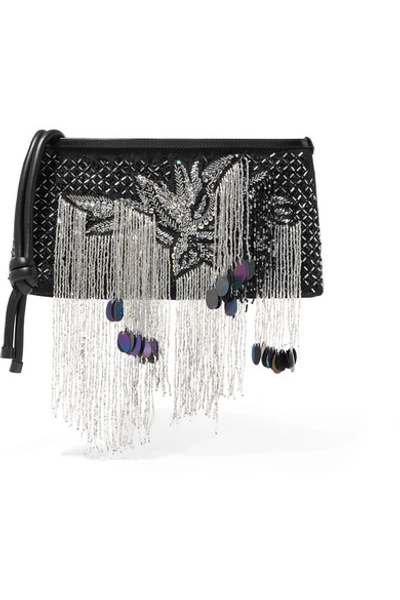 Dries Van Noten Embellished Leather-trimmed Canvas Clutch In Black
