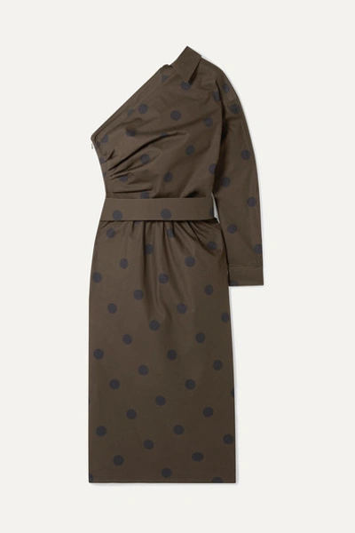 Max Mara One-shoulder Belted Polka-dot Cotton-poplin Dress In Kaki Blu Marino|marrone