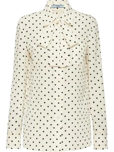 Prada Pussy-bow Polka-dot Silk Crepe De Chine Blouse In White