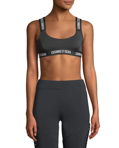 Cushnie Cecile Scoop-neck Performance Sports Bra With Logo Web In Black/brown