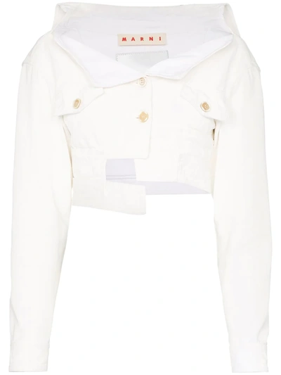 Marni Deconstructed Asymmetric Cropped Denim Jacket In 00w01 White