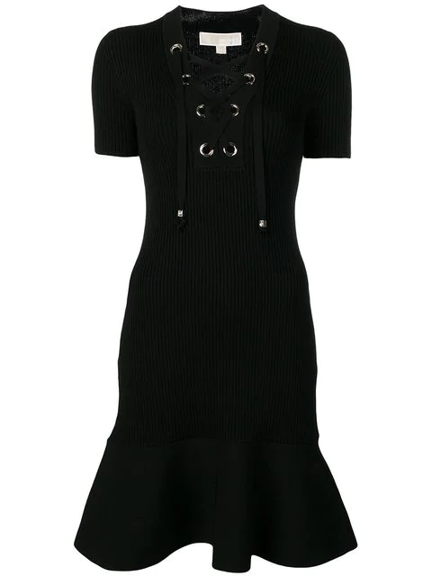 Michael Michael Kors Lace-up Ribbed Knit Dress In Black | ModeSens