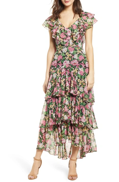 Wayf Chelsea Tiered Ruffle Maxi Dress In Black Pink Roses Print