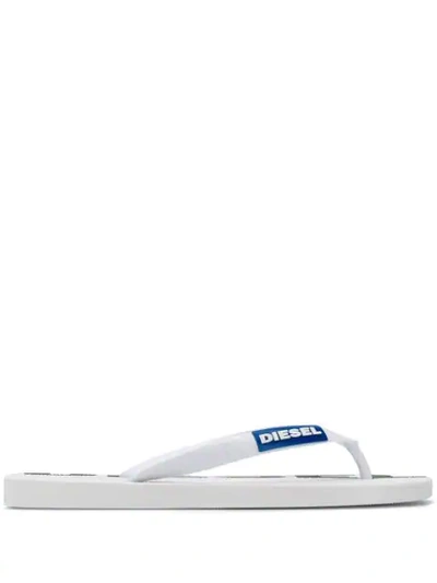 Diesel Logo Print Flip Flops In White